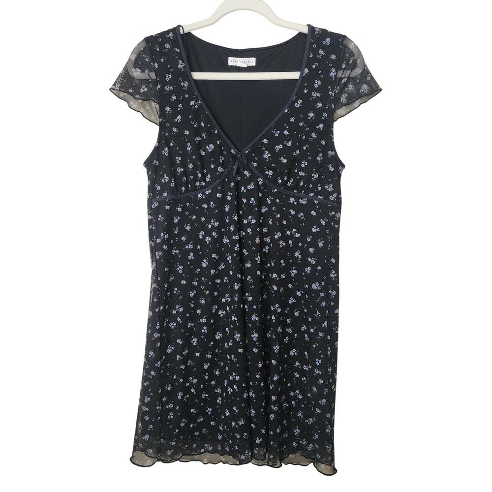 Aeropostale Floral Mesh Mini Dress Womens Medium Navy Blue V-Neck Empire Waist